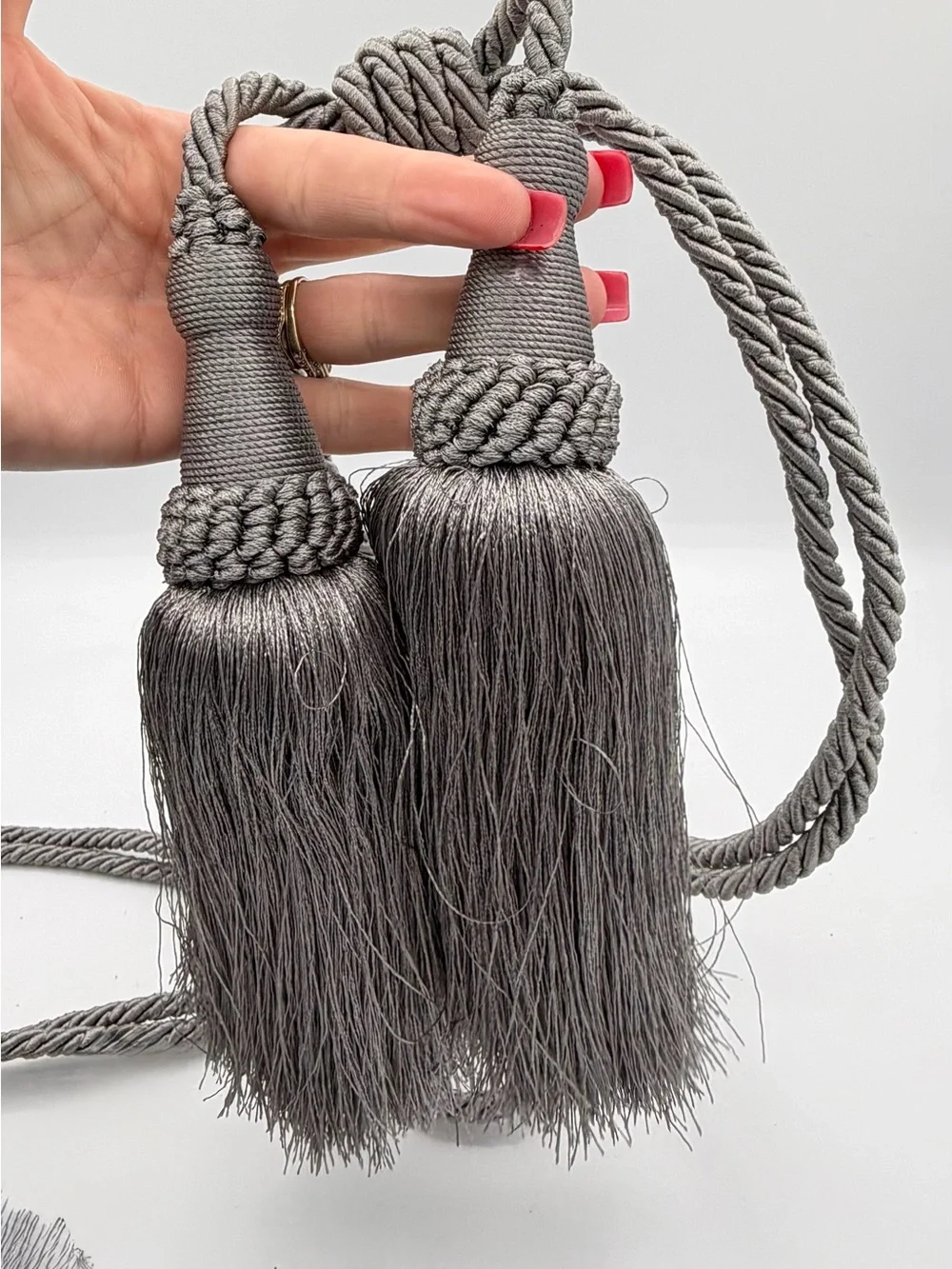 Pair Silver Gray Double Tassel Curtain Tiebacks Braided Rope Drapery Holdbacks